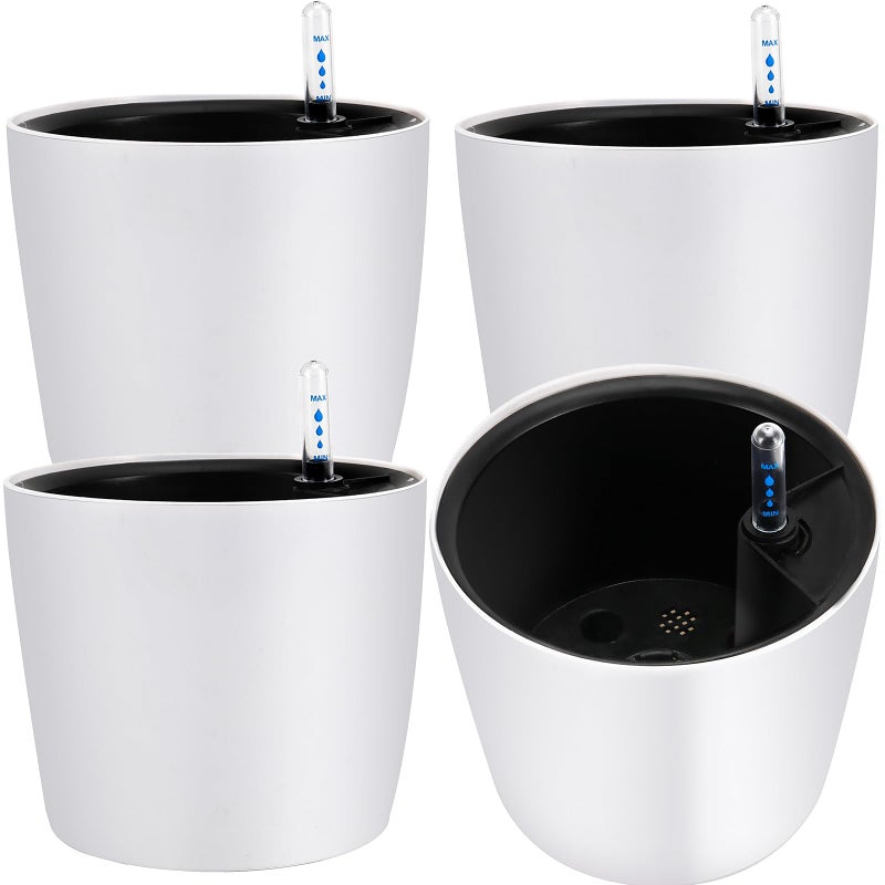 JOIKIT مجموعة JOIKIT 4 عبوات 7 بوصات من أصص الزرع ذاتية السقي باللون الأبيض مع مؤشر مستوى الماء أصص سقي ذاتية للنباتات الداخلية والخارجية والنباتات العصارية وحديقة الأعشاب