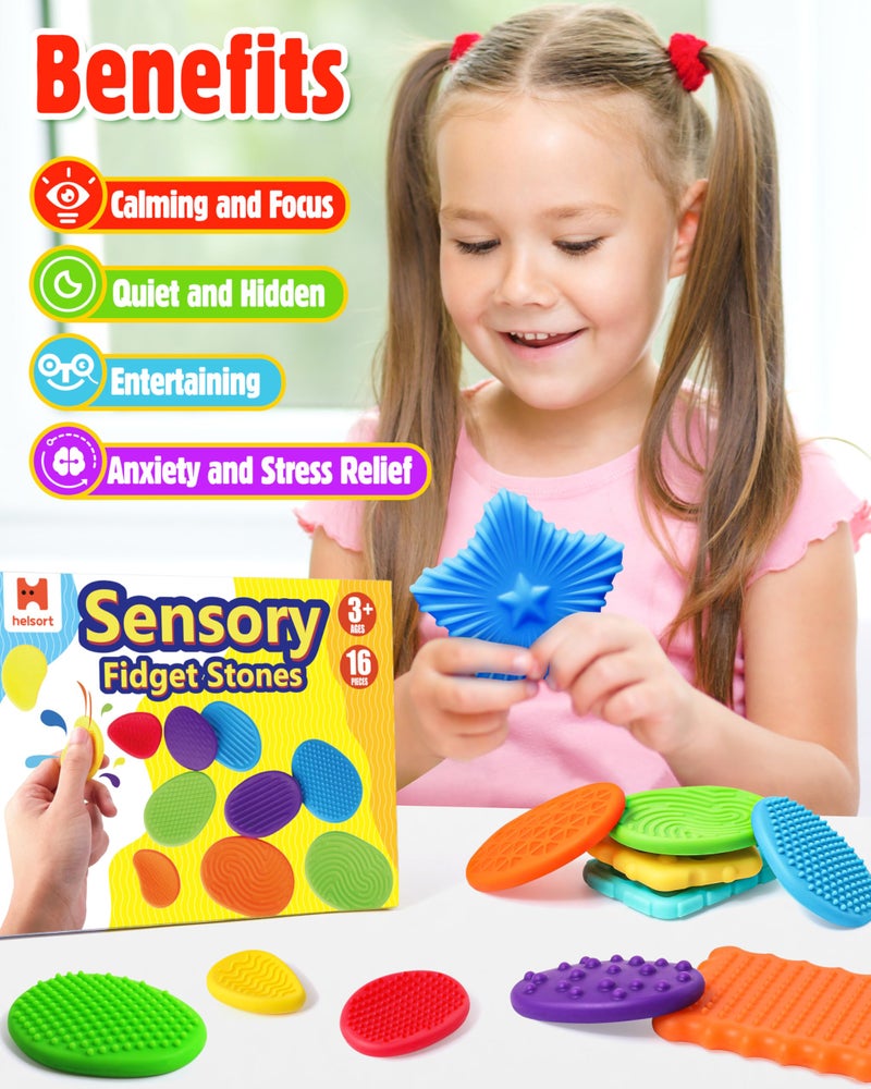 Helsort Sensory Fidget Toys for Kids Adults: 16 Pack Textured Worry Stones for Anxiety Relief, Sensory Toy for Autism Kids Calming, Quiet Small Fidgets for Classroom Prizes, Easter Basket Stuffers Egg Filler - Image 5