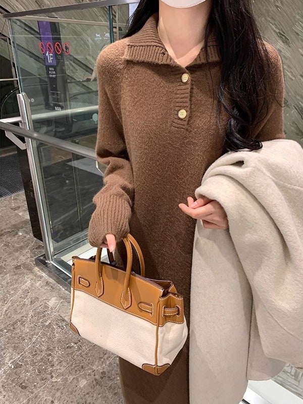 French-style Lapel Knitted Bottoming Dress Womens Autumn and Winter New Style Matching Coat Loose Long Knee-length Thickened Sweater Dress 2209 black - Image 5