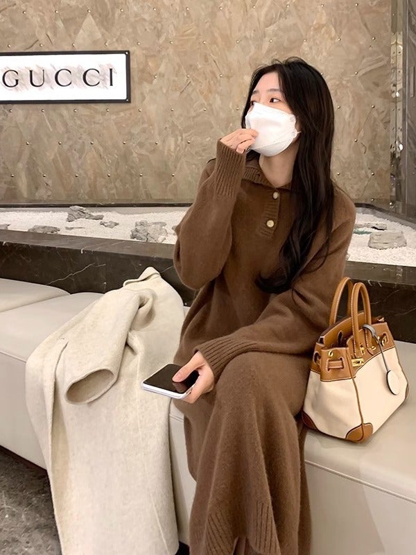 French-style Lapel Knitted Bottoming Dress Womens Autumn and Winter New Style Matching Coat Loose Long Knee-length Thickened Sweater Dress 2209 black - Image 4