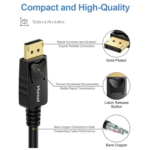Moread 4K DisplayPort to DisplayPort Cable, 6 Feet, Gold-Plated High Speed Display Port DP Cable 1.2 (4K@60Hz, 2K@144Hz) for Computer, Desktop, Laptop, PC, Monitor, Projector & More - Black - Image 3