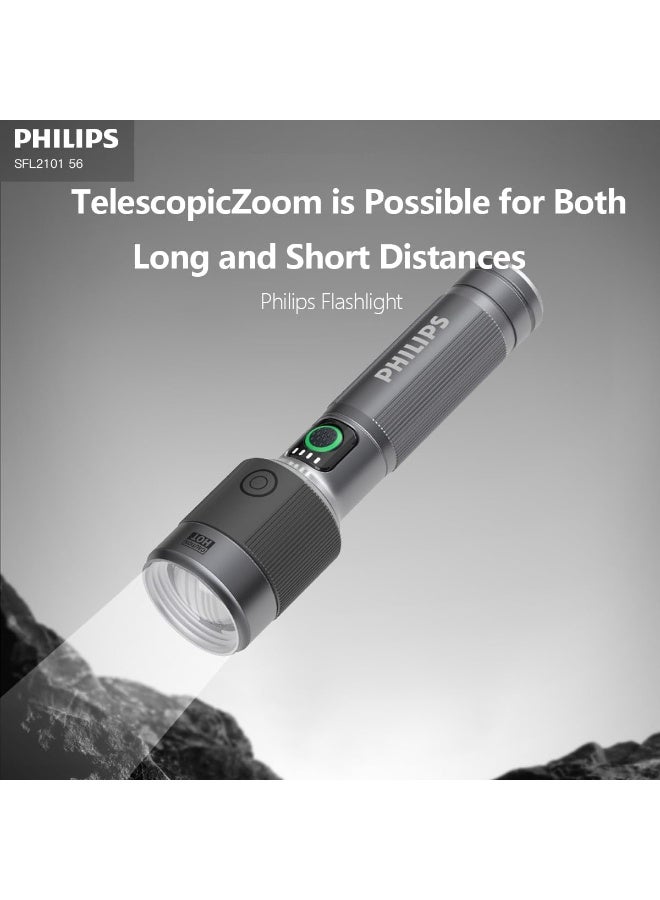 Philips Portable LED Torch Light | 1450 Lumens Brightness | 30W High Power | 690M Long-Range Beam | Telescopic Zoom | 4 Lighting Modes (High, Low, Flash, SOS) | 2200mAh Rechargeable Battery | Water & Drop Resistant Handheld Flashlight for Indoor, Camping, Hiking & Emergency grey - Image 2