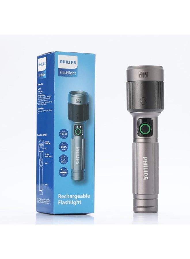 Philips Portable LED Torch Light | 1450 Lumens Brightness | 30W High Power | 690M Long-Range Beam | Telescopic Zoom | 4 Lighting Modes (High, Low, Flash, SOS) | 2200mAh Rechargeable Battery | Water & Drop Resistant Handheld Flashlight for Indoor, Camping, Hiking & Emergency grey - Image 1