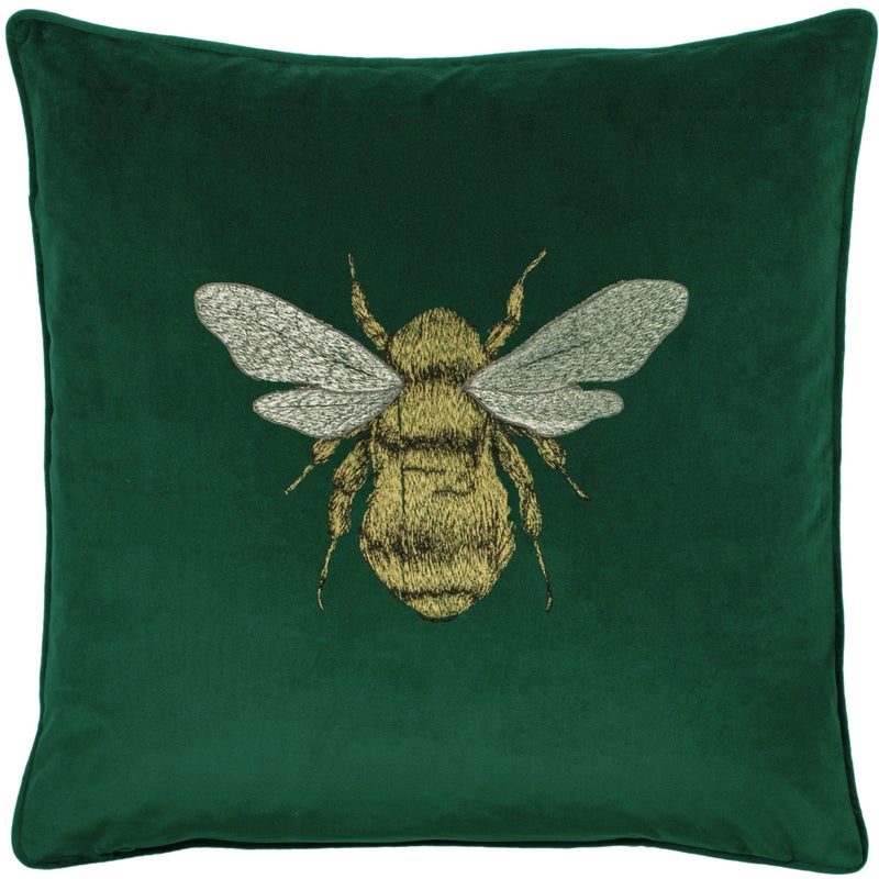 Paoletti Hortus Cushion Cover  Bee Embroidered Luxurious Velvet Accent Square Cushion Cover Green Emerald  50x50 cm