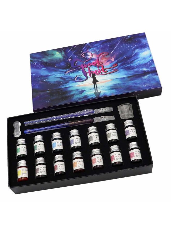 AXEARTE Glass Dip Pen Set, 18-Pieces Calligraphy Pens Set - 14 Color Inks, Pen Holder, Cleaning Cup, 2 Crystal Glass Pens for Art, Writing, Drawing, Signatures, Gift for Kids and Artist - Image 2