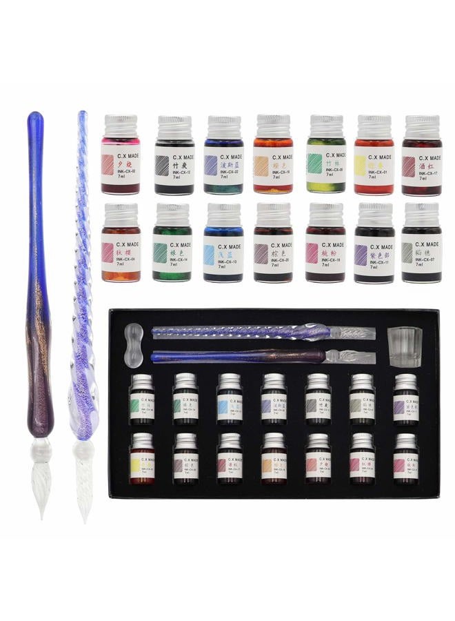 AXEARTE Glass Dip Pen Set, 18-Pieces Calligraphy Pens Set - 14 Color Inks, Pen Holder, Cleaning Cup, 2 Crystal Glass Pens for Art, Writing, Drawing, Signatures, Gift for Kids and Artist - Image 1
