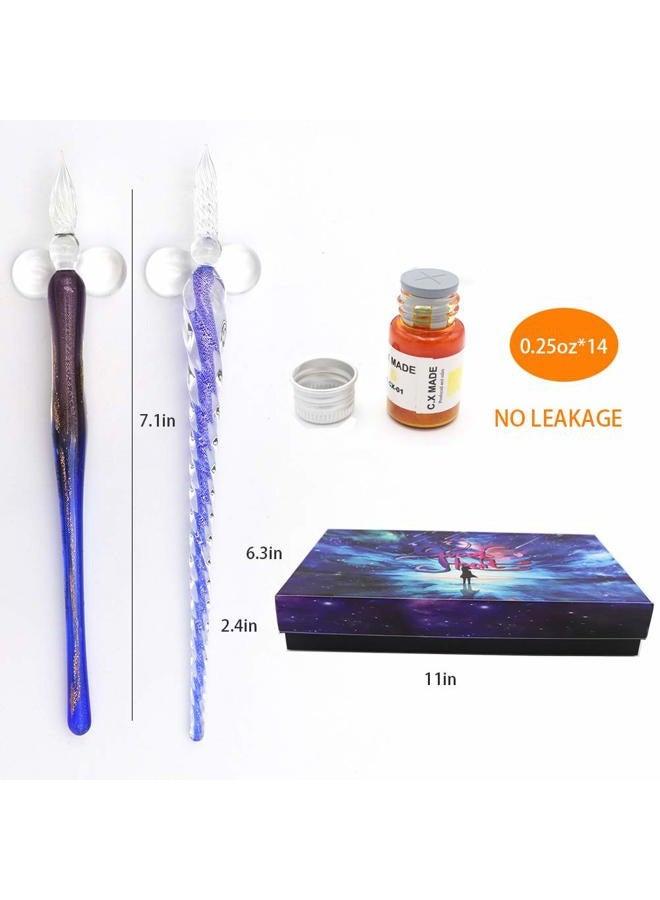 AXEARTE Glass Dip Pen Set, 18-Pieces Calligraphy Pens Set - 14 Color Inks, Pen Holder, Cleaning Cup, 2 Crystal Glass Pens for Art, Writing, Drawing, Signatures, Gift for Kids and Artist - Image 4