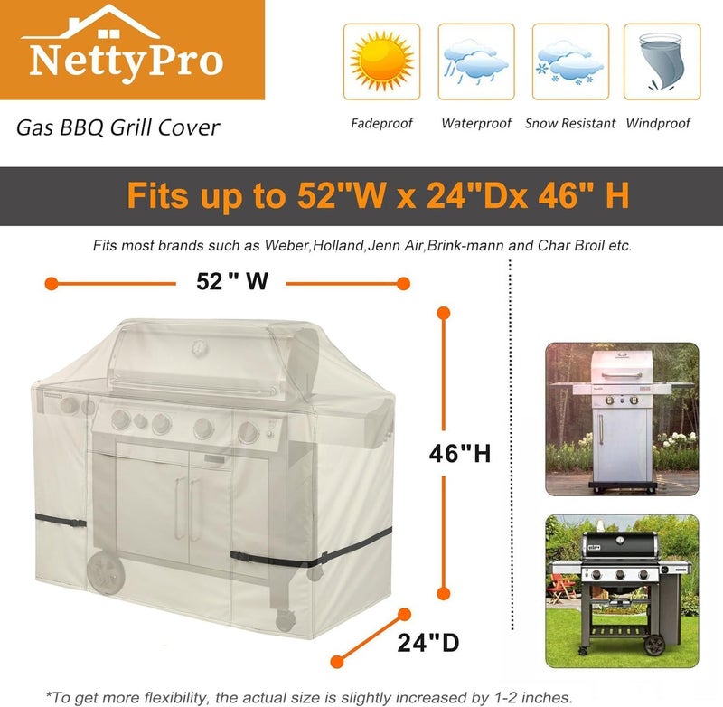 NettyPro غطاء شواية ، مقاس 52 بوصة، مقاوم للماء، من نوع 600D، عالي الجودة، مناسب لأجهزة Weber، Char-Broil، Brinkmann، Nexgrill وغيرها، بلون بيج. - Image 5