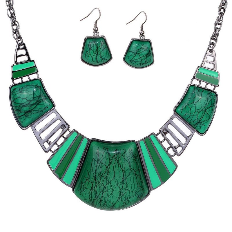 YAZILIND Vintage Ethnic Green Bib Collar Earrings Necklace Jewelry Set Women - Image 1