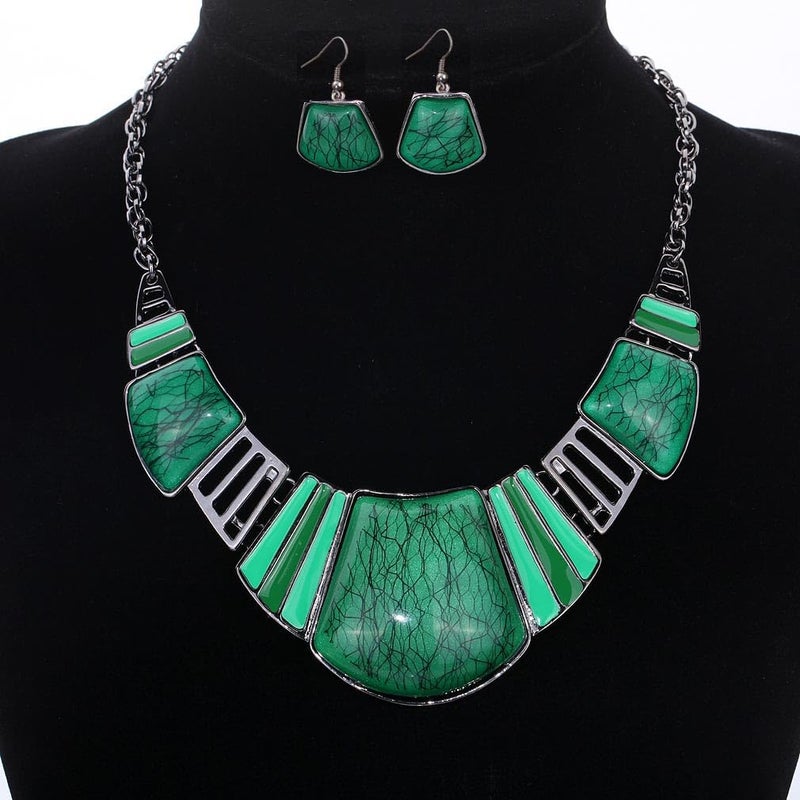 YAZILIND Vintage Ethnic Green Bib Collar Earrings Necklace Jewelry Set Women - Image 2