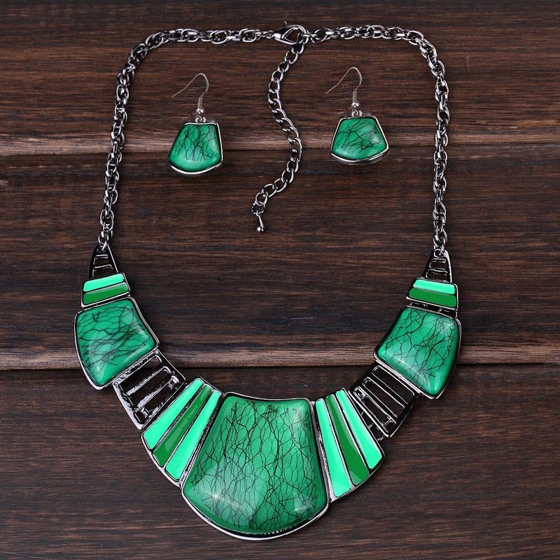 YAZILIND Vintage Ethnic Green Bib Collar Earrings Necklace Jewelry Set Women - Image 5