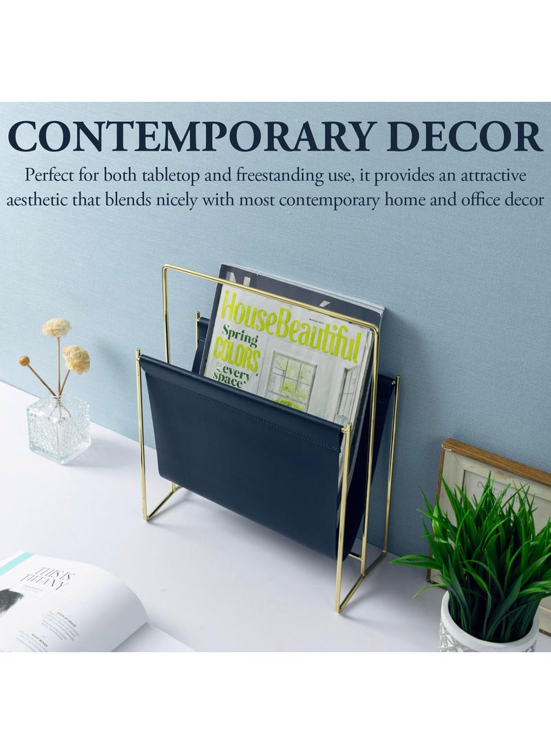 INDIDECOR INDIDECOR 51542 Compact 13 Inch Mid Century Modern Floor Standing Magazine Rack with Navy Leatherette Sling and Steel Tone Metal Frame Decorative Holder Stand for Magazines  - Image 3
