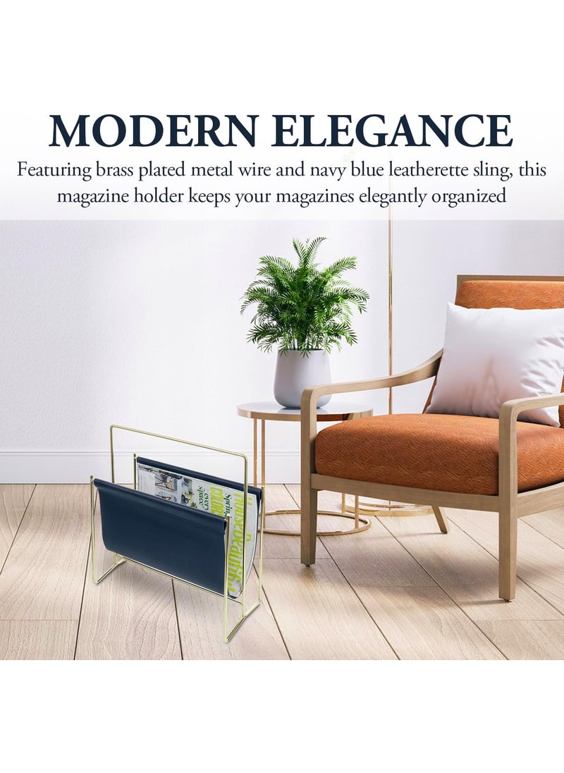 INDIDECOR INDIDECOR 51542 Compact 13 Inch Mid Century Modern Floor Standing Magazine Rack with Navy Leatherette Sling and Steel Tone Metal Frame Decorative Holder Stand for Magazines  - Image 2