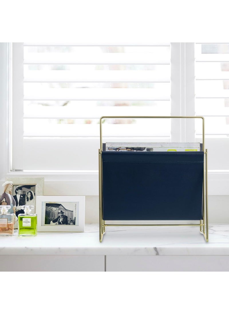 INDIDECOR INDIDECOR 51542 Compact 13 Inch Mid Century Modern Floor Standing Magazine Rack with Navy Leatherette Sling and Steel Tone Metal Frame Decorative Holder Stand for Magazines  - Image 4