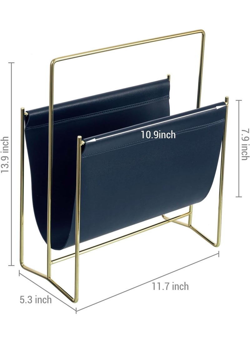 INDIDECOR INDIDECOR 51542 Compact 13 Inch Mid Century Modern Floor Standing Magazine Rack with Navy Leatherette Sling and Steel Tone Metal Frame Decorative Holder Stand for Magazines  - Image 5