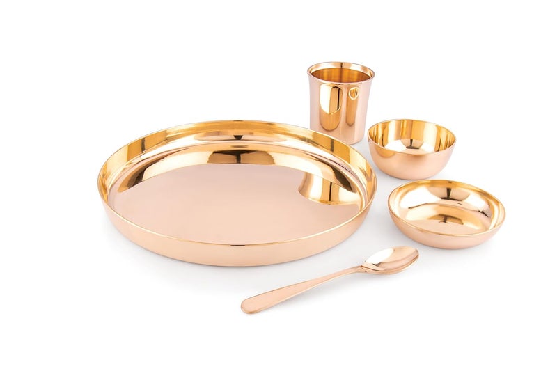 Copperika Luxurious 100 Pure Bronze Kansa Dinner Thali Set of 5 1 Platter 2 Bowls 1 Tumbler 1 Spoon Heavy Build Ayurvedic Kansa Utensils for Health Wellness Ideal Gift for All Occasions - Image 2