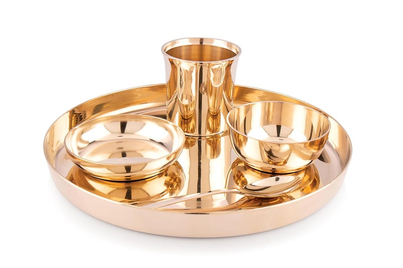 Copperika Luxurious 100 Pure Bronze Kansa Dinner Thali Set of 5 1 Platter 2 Bowls 1 Tumbler 1 Spoon Heavy Build Ayurvedic Kansa Utensils for Health Wellness Ideal Gift for All Occasions - Image 3