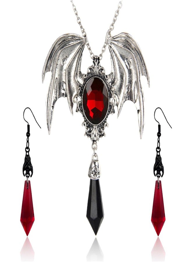 RLHRNDE Gothic Bat Crystal Earrings Necklace Set for Women Vintage Punk Victoria Bat Wings Necklace Vampirina Witch Accessories Halloween Cosplay Party Jewelry Set (Red) - Image 1