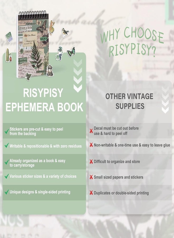 RISYPISY كتاب ملصقات RISYPISY مُقطّع مسبقًا بتصميم واشي عتيق، مناسب لسجل القصاصات، 476 قطعة، لوازم خضراء لسجل القصاصات، ملصقات فنية وحرفية، ملصقات أكاديمية داكنة للكتابة اليومية - Image 4