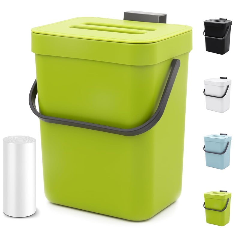 MONGTINGLU Compost Bin for Kitchen Countertop, MONGTINGLU 1.3 Gallons Hanging Small Trash Can with Lid, Kichen Under Sink Trash Can, Wall Mount Indoor Compost Bucket with Lid, 5L(Lime Green) - Image 1
