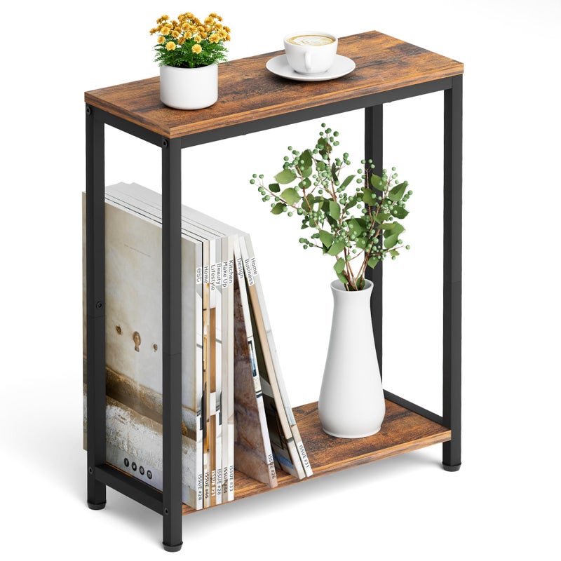 SLEEPING LAMB Narrow Small Side Table for Small Space, 2 Tier Sofa Skinny End Table for Living Room, Bedroom Beside Slim Nightstand, Rustic Brown and Classic Black - Image 1