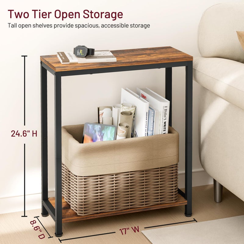 SLEEPING LAMB Narrow Small Side Table for Small Space, 2 Tier Sofa Skinny End Table for Living Room, Bedroom Beside Slim Nightstand, Rustic Brown and Classic Black - Image 5