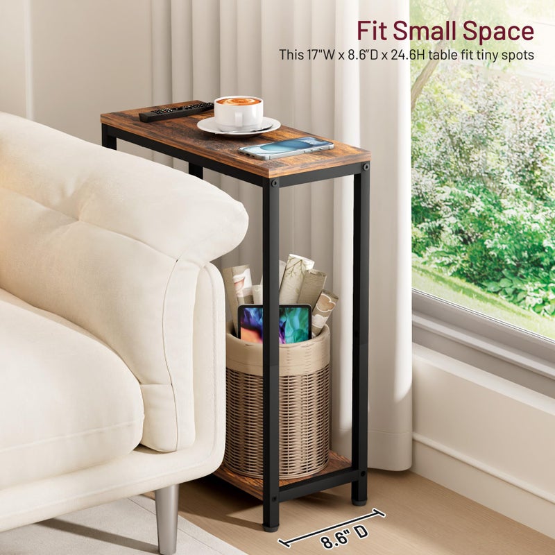SLEEPING LAMB Narrow Small Side Table for Small Space, 2 Tier Sofa Skinny End Table for Living Room, Bedroom Beside Slim Nightstand, Rustic Brown and Classic Black - Image 2