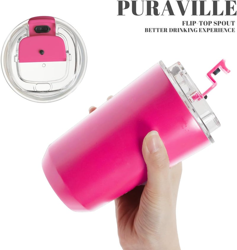 Puraville أكواب بورافيل المعزولة بغطاء، كوب قهوة للسفر سعة 14 أونصة من الفولاذ المقاوم للصدأ، كوب مفرغ، كوب قهوة مزدوج الجدران قابل لإعادة الاستخدام ومقاوم للتسرب للمشروبات الباردة والساخنة، فوشيا - Image 5