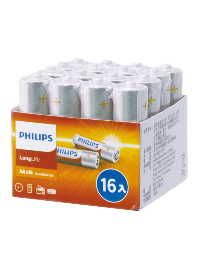 16-Piece LongLife AA R6 Zinc Chloride Battery White/Brown/Blue