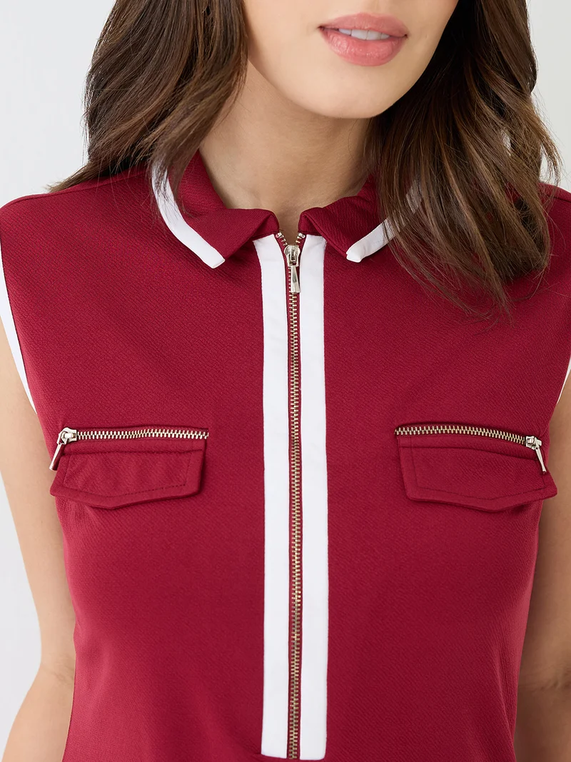globus Women Maroon Collared Neck Front Zip Pocket Detail Solid Mini Bodycon Dress
