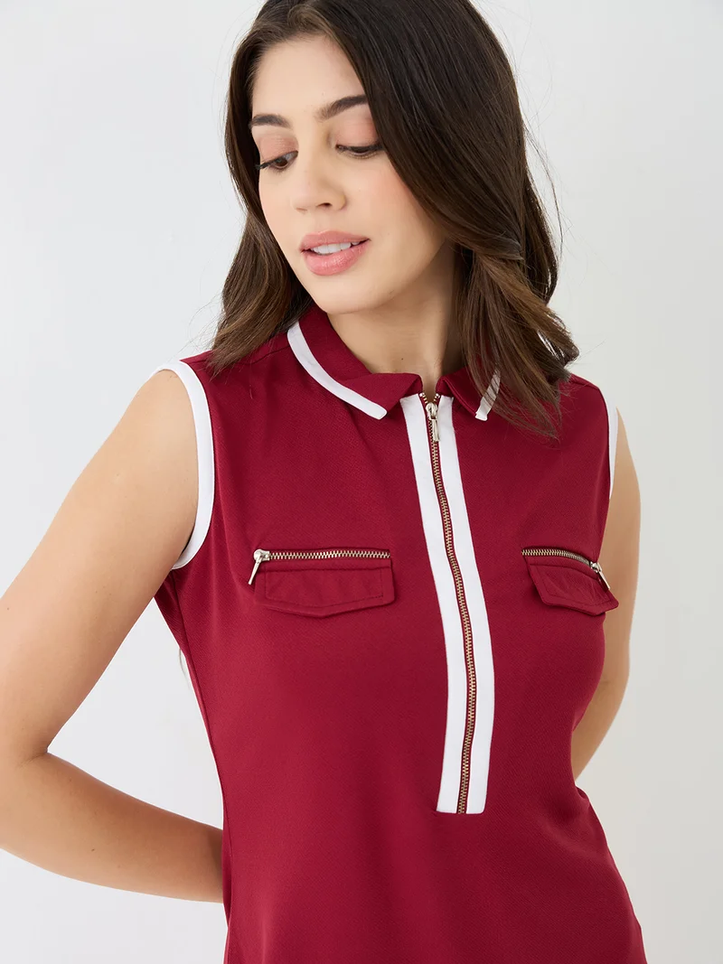 globus Women Maroon Collared Neck Front Zip Pocket Detail Solid Mini Bodycon Dress