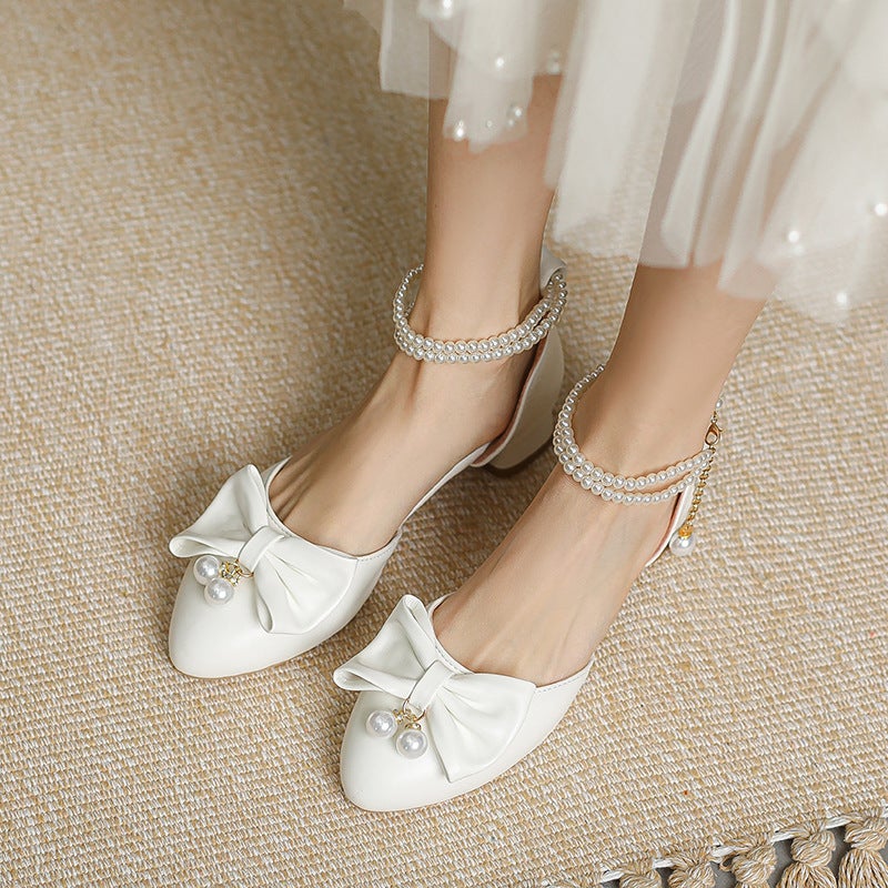 Spring/Summer 2023 New Low Heel Beaded 28-43 Size Size Pointed Bow Sandals - Image 4