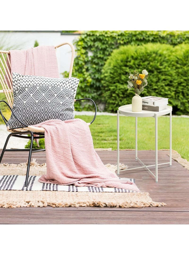 Beauenty End Table, Metal Side Table Small Outdoor Table Round Side Table with Removable Tray for Living Room Bedroom Balcony Patio and Office - Gifts for Women(White) - Image 4