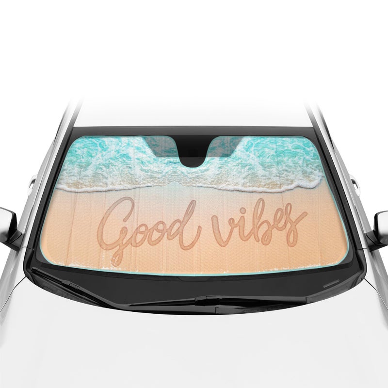BDK USA Good Vibes Beach Sun Visor for Car Windshield Sunshade Truck Sun Shade Windshield Cover Accordion Window Cover Car Shield Sun Protector Dash Protection to Keep Your Vehicle Cool 58x27