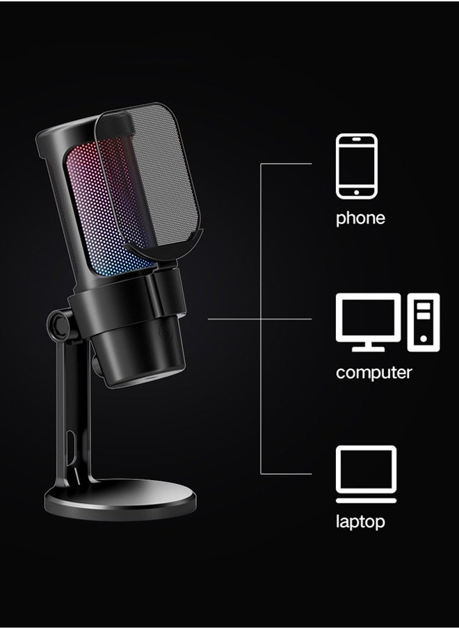 Gaming Microphone, USB PC Mic for Streaming, Podcasts, Recording, Condenser Computer Desktop Mic on Mac/PS4/PS5, with RGB Control, Mute Touch, Headphone Jack, Pop Filter, Stand-AmpliGame A8