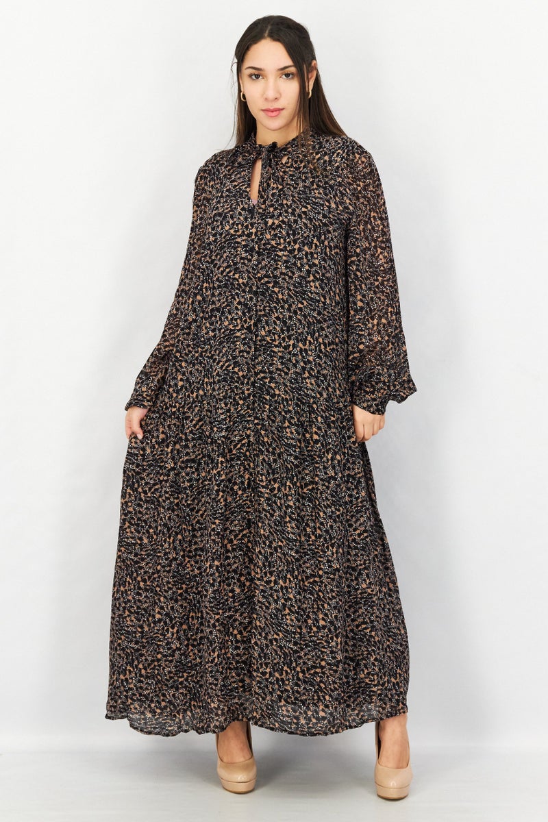 ESPRIT فستان ماكسي طويل الأكمام بطباعة شاملة مع رباط عنق للنساء، مجموعة سوداء - Image 1