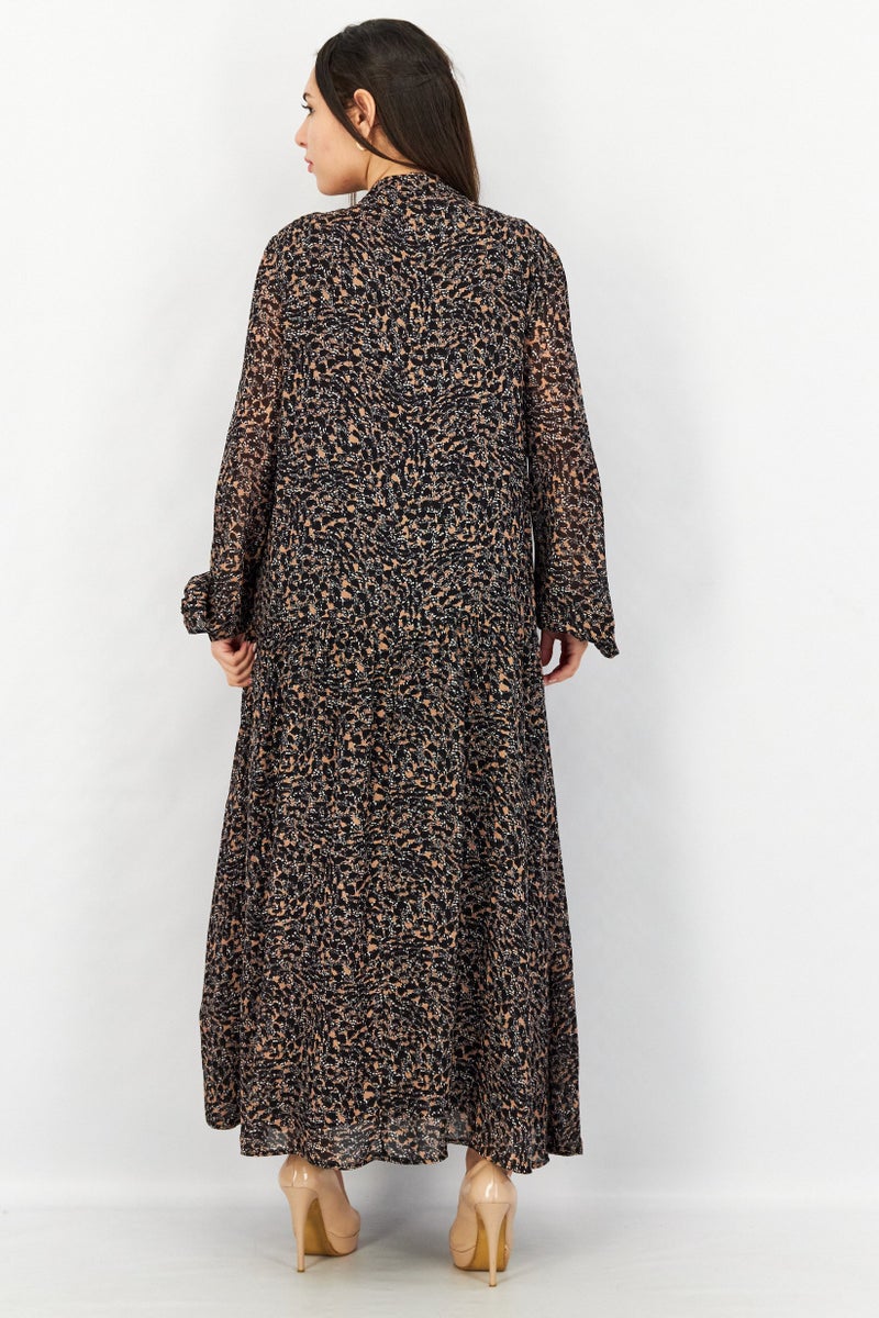 ESPRIT فستان ماكسي طويل الأكمام بطباعة شاملة مع رباط عنق للنساء، مجموعة سوداء - Image 3