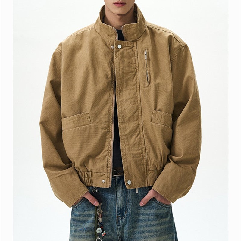 American Style Retro Vertical Collar Bomber Jacket for Men and Women Spring and Autumn New Short Barn Style Loose Casual Workwear Jacket Khaki 