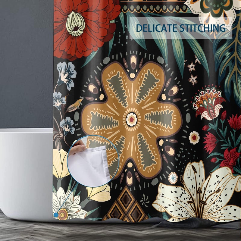 bivinar black boho floral دش الستار البوهيمي ماندالا زهرة الحمام الحمام ستارة النسيج ستارة دش مقاوم للماء مع 12 خطاف 72 × 72 بوصة - Image 3