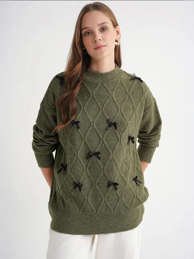 MixRay Bow Detail Cable Knit Oversized Sweater