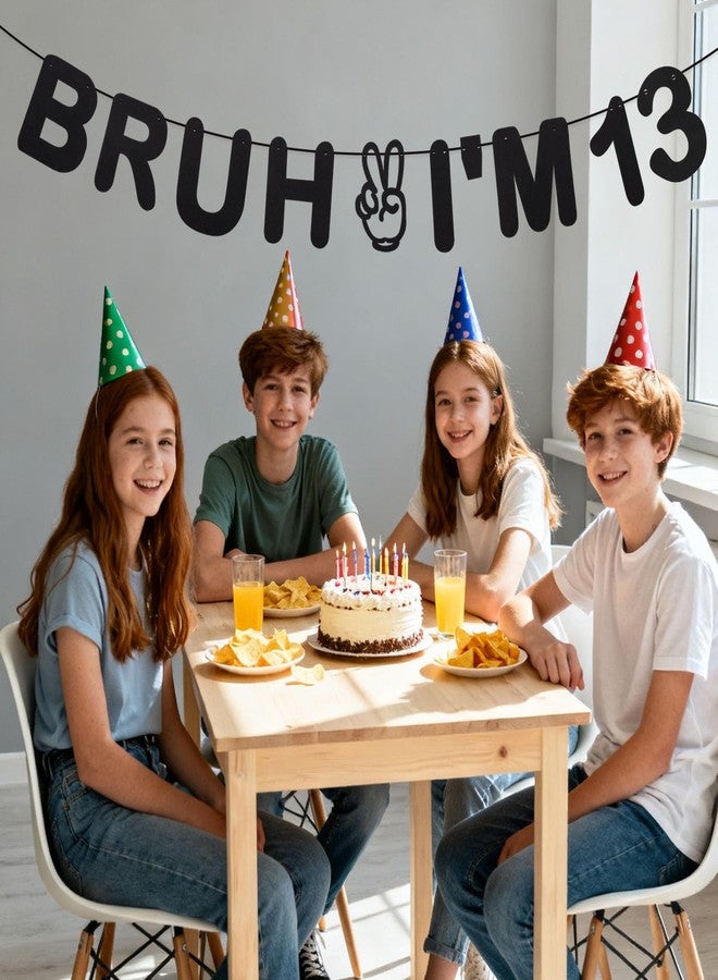Penitue Bruh I'm 13 Banner, Pre-Strung Teenage Birthday Banner Black Glitter Happy Birthday Decorations Fun and Trendy Paper Garland Decor Party Supplies for Teen Boy Girl Birthdays - Image 3