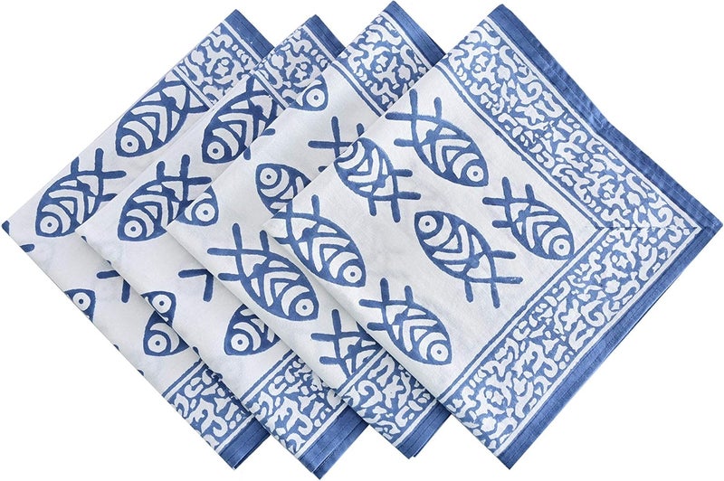 ATOSII Matsya Blue 100 Cotton Fall Cloth Designer Dinner Napkins Handblock Print Washable Durable Linen for Everyday Use Wedding Parties Outdoors Christmas Thanksgiving I 20 X 20 Inches I Set of 4 - Image 1