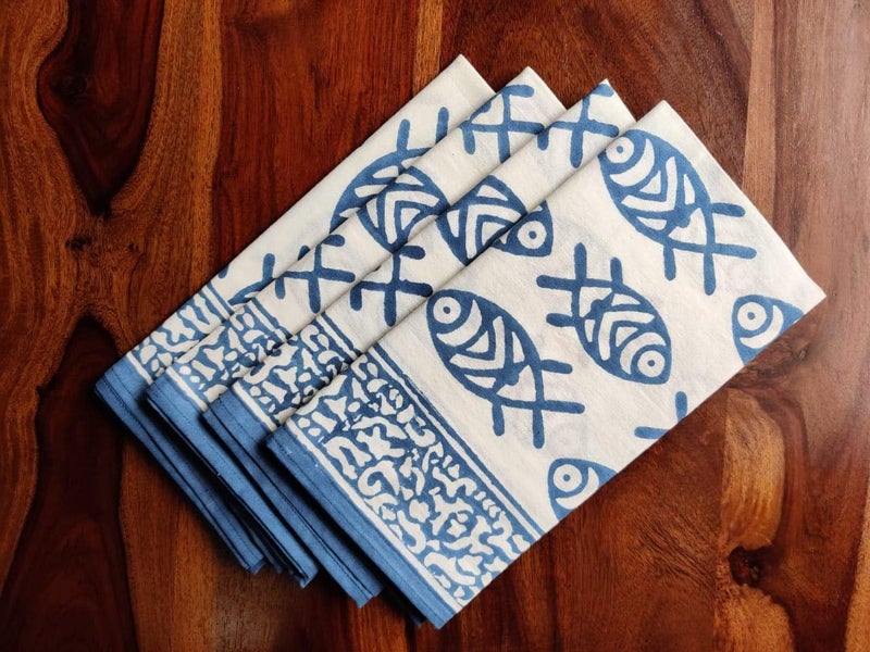 ATOSII Matsya Blue 100 Cotton Fall Cloth Designer Dinner Napkins Handblock Print Washable Durable Linen for Everyday Use Wedding Parties Outdoors Christmas Thanksgiving I 20 X 20 Inches I Set of 4 - Image 5