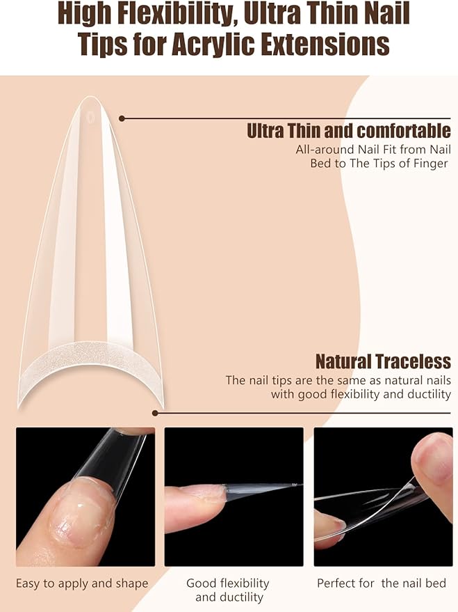 Deciniee Acrylic Nail Tips for Gel Extensions Nail Glue for Acrylic Tips Extra Strong 480PCS XXL Extra Long C Curve Nail Tips Natural and Clear Square Fake Nails Extension Kit for DIY Nail Art - Image 3