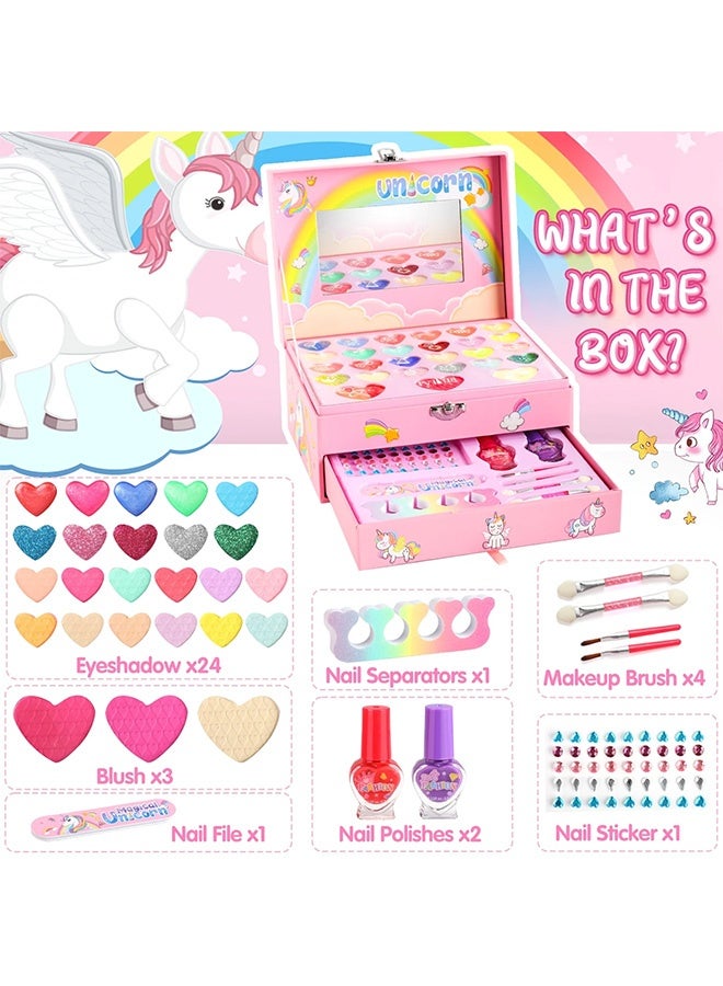 يونيكورن أطفال ماكياج كيت لفتاة ، قابل للغسل ماكياج كيت للأطفال مع مرآة ، غير سامة التظاهر ماكياج لفتاة صغيرة ، الأميرة التجميل الفتيات اللعب ، هدايا للفتيات الصغيرات سن 3+ ، الوردي - Image 1