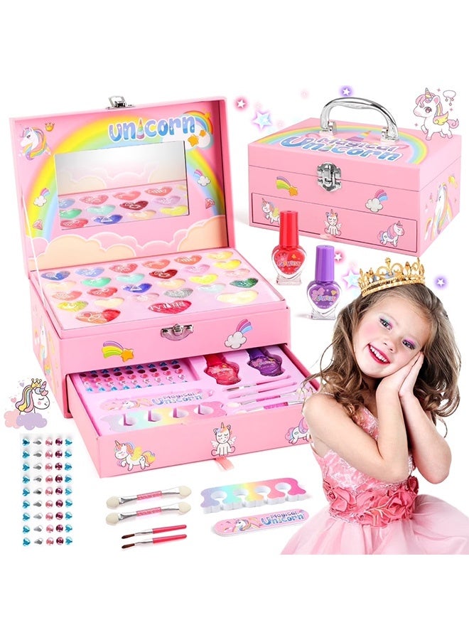 يونيكورن أطفال ماكياج كيت لفتاة ، قابل للغسل ماكياج كيت للأطفال مع مرآة ، غير سامة التظاهر ماكياج لفتاة صغيرة ، الأميرة التجميل الفتيات اللعب ، هدايا للفتيات الصغيرات سن 3+ ، الوردي - Image 4