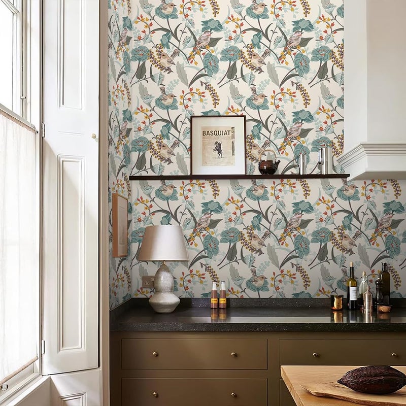 REDAMANCY Beige Cream Birds Green Leaf Plants Vintage Botanical Peel and Stick Wallpaper Stick on Contact Paper Vintage Wall Paper Easy Peel Off for nightstand Drawer Cabinet Renter - Image 5