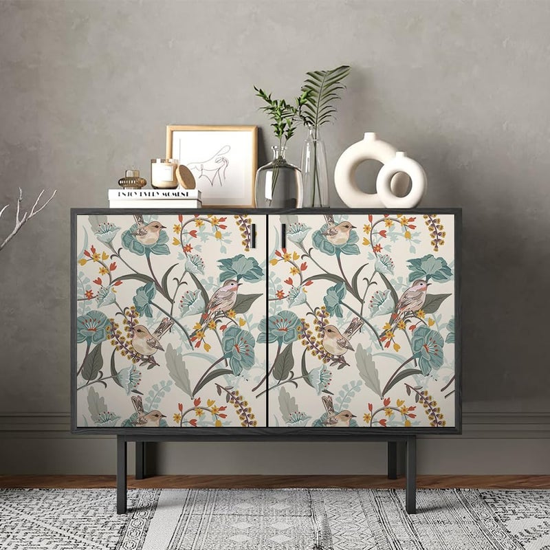 REDAMANCY Beige Cream Birds Green Leaf Plants Vintage Botanical Peel and Stick Wallpaper Stick on Contact Paper Vintage Wall Paper Easy Peel Off for nightstand Drawer Cabinet Renter - Image 4