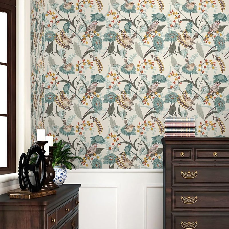 REDAMANCY Beige Cream Birds Green Leaf Plants Vintage Botanical Peel and Stick Wallpaper Stick on Contact Paper Vintage Wall Paper Easy Peel Off for nightstand Drawer Cabinet Renter - Image 2