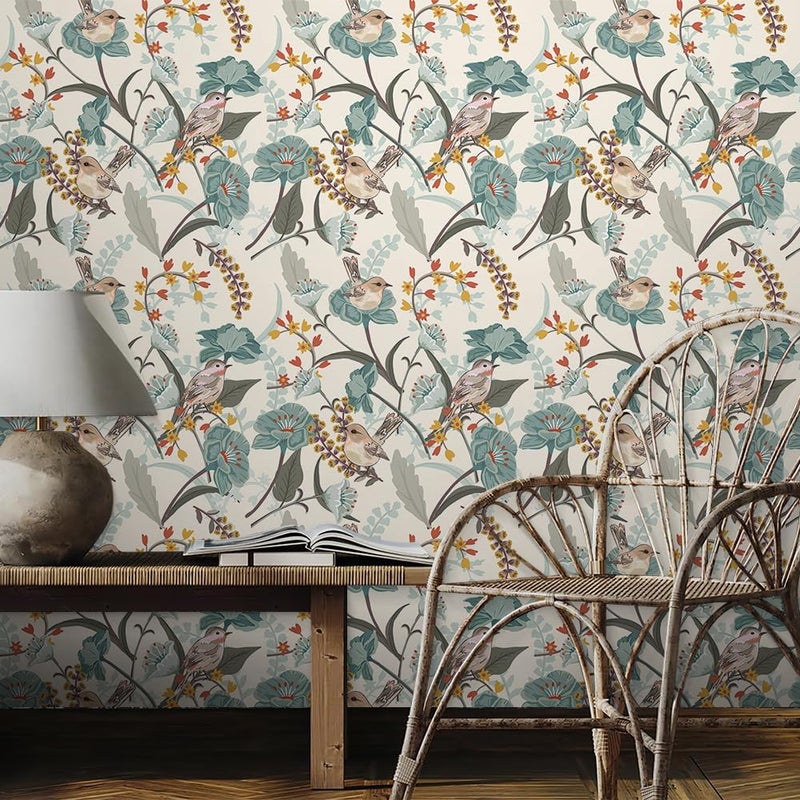REDAMANCY Beige Cream Birds Green Leaf Plants Vintage Botanical Peel and Stick Wallpaper Stick on Contact Paper Vintage Wall Paper Easy Peel Off for nightstand Drawer Cabinet Renter - Image 3
